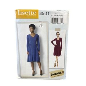 Butterick Lisette B6411 Misses Dress Sz 14 16 18 20 22 Wrap Pleated Long Sleeve